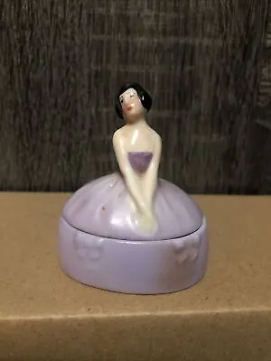 Vintage Porcelain Lady Trinket Box Woman Jar Vanity Dresser Purple Dress Germany • $34.99