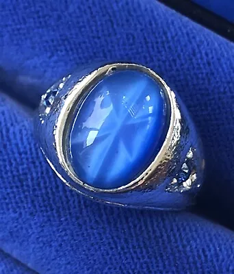 Mens Faux Blue Star Sapphire Gemstone Silver Tone Ring Size 8 1/2 • $32.40