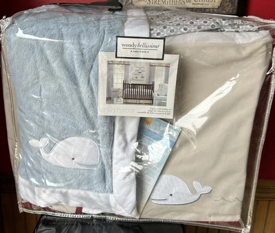 $69.99 • Buy NEW Wendy Bellissimo Blue Tan Whale Print Snug Harbor 3-Piece Crib Bedding Set