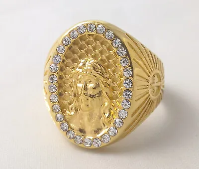 $60 • Buy G-Filled 18ct Yellow Gold Jesus Face Mens Ring Simulated Diamond Cross Christ 11
