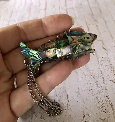 VTG Mexican Silver Abalone Mother Of Pearl Articulated Fish Pendant 4” Awesome • $64