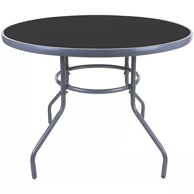 Round Glass Table 100cm Grey Metal Frame Outdoor Garden Patio Furniture Large • £39.99