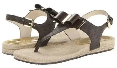 Michael KORS MEG BROWN MK SIGNATURE PVC LOGO BOW ESPADRILLES THONGS I LOVE SHOES • $29