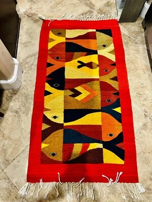 $149.99 • Buy Vintage MCM Zapotec Oaxacan Wool Fish Themed Rug 55”x30” W/3” Fringe Clean