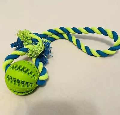 Green 2 Inch Rubber Ball Dog Toy 1 Foot Rope Tug Licki Matt Enrichment Play • $8