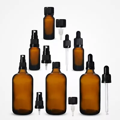 £2.99 • Buy Amber Glass Bottles 10ml 30ml 50ml 100ml Pipette Dropper Lid Atomiser Tamper!!