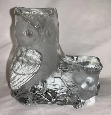 Vintage Viking Glass Clear Ice Glacier Owl On Log Bookend Paperweight Single • $25