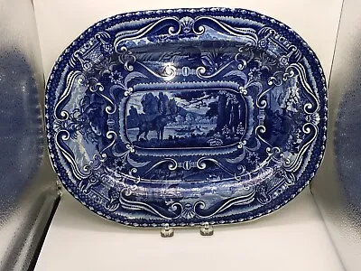 LD3 Historical Staffordshire Blue Quadruped Platter With Moose And Hunters • $895