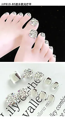 £4.99 • Buy 24pcs Silver Diamante False Toe Nail Art Tips Full Cover Fake Toenails With Glue