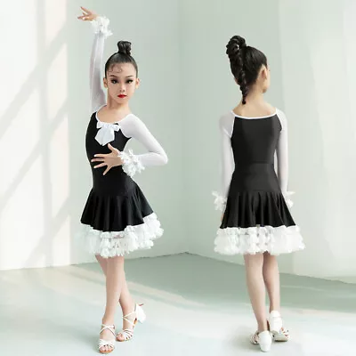 Girls Ballroom Latin Dance Dress Elastic Mesh Ruffle Outfit Costume Elegant • $50.89