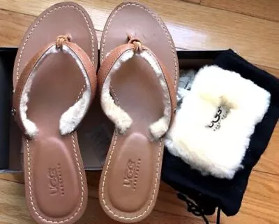 UGG PERSEPHONE RUST (CHESTNUT) LEATHER SERPA  SANDALS FLIP FLOP DUST Bag 5 OR 6 • $79.95