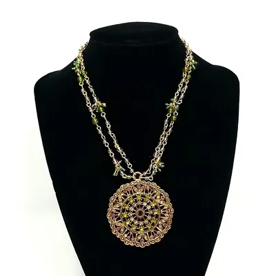 Vintage 17  Mandala Pendant Necklace Rhinestone & Gold Tone W/ Green Beads • $8.39