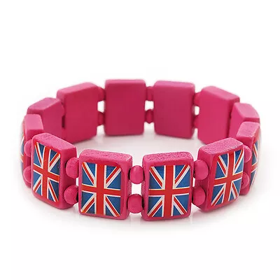 UK British Flag Union Jack Pink Stretch Wooden Bracelet - Up To 20cm Length • £5.50