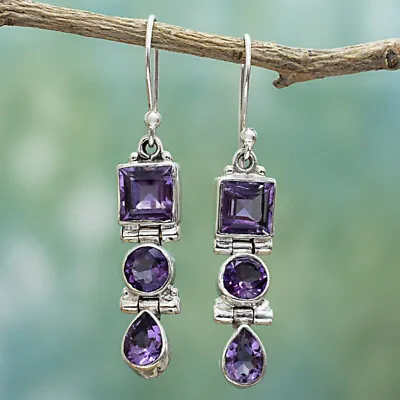 Vintage 925 Silver Dangle Amethyst Drop Earrings Ear Hook Women Wedding Jewelry • $2.37