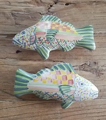 2 Mackenzie Childs Fish Knobs Pulls Green Multi U.S.A. VTG 4.75  Each EUC • $79