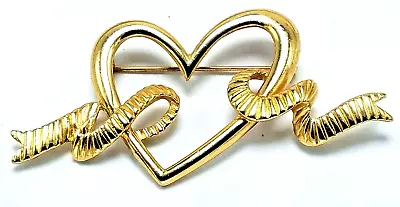 MONET Heart Ribbon Brooch Gold Tone Smooth Textured Ribbon Signed 2 3/4  X1 1/4  • $9.95