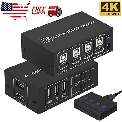 4K HDMI USB KVM Switch 4X1 4 Port Switcher With Controller Support 4 Monitors US • $51.47