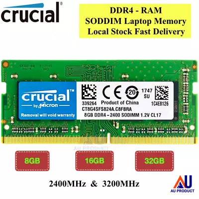 DDR4 Crucial Laptop Memory RAM 8GB 16GB 32GB SODIMM RAM 3200MHz 2400MHz 1.2V • $54.90