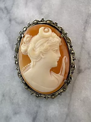 Beautiful Vintage 800 Silver And Marcasite Cameo Pin Pendant • $14.99