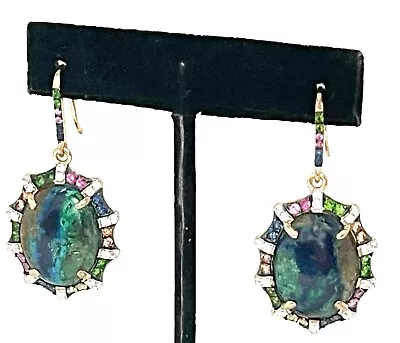 Rarities Azurite Malachite Sapphires Scalloped SS Gold Plated  Drop Earrings • $529.11