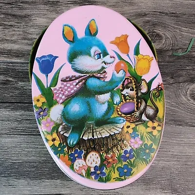 Vintage Easter Tin Easter Bunny Oval Tin Trinket Candy Container Colorful Handle • $8.95