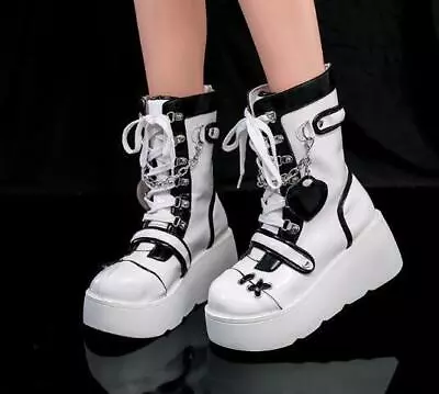 Womens High Wedge Ladies Heel Platform Goth Punk Shoes Mid-calf Boots Round Toe • $52.66