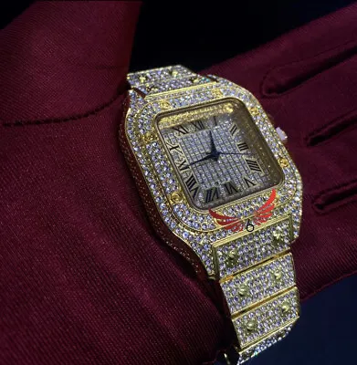 Mens Iced Out Gold Square Face Watch- Luxury Crystal CZ Bling Timepiece • £24.99