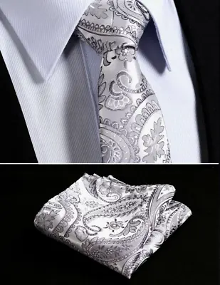 Grey Wedding Tie & Pocket Square SET Silver Mens Paisley Floral FREE Hanky 16 UK • £9.32