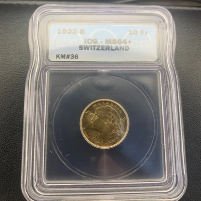 $289.47 • Buy ￼Switzerland 1922 B Gold 10 Ten Francs Helvetia MS 64+ ICG MS64+ KM# 36