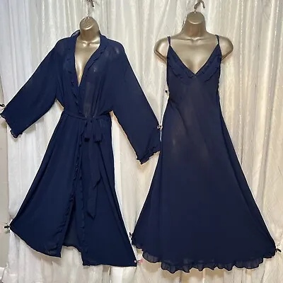 VTG 3X 4X Jones New York Navy Blue Nightgown Robe 90s Ruffle Sheer Set Negligee  • $99.99