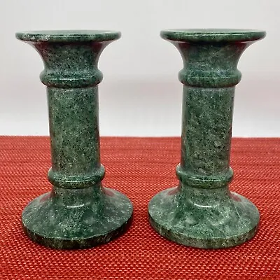 SET/2 Vintage Green Marble 5  Candlestick Holder Pair Polished Stone STUNNING • $23.99