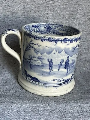 £12 • Buy Antique Pearlware Mug - Ice Skating Pattern - Transferware Blue And White