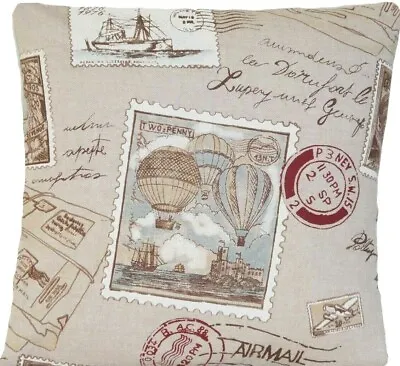 Vintage Post Stamps Cushion Cover Butterflies Boats Hot Air Balloons Printed 16  • £9.99