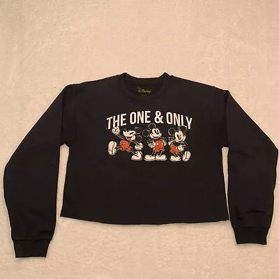 Disney Sweatshirt Womens Small Black Mickey Mouse Cropped Crew Neck Jumper Fit • $11.88