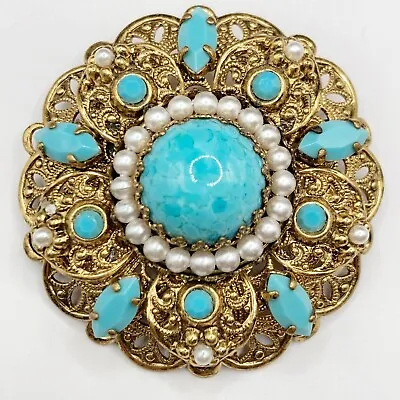 Vintage West Germany W. Germany Faux Turquoise Cabochon Rhinestone Brooch Pin • $125