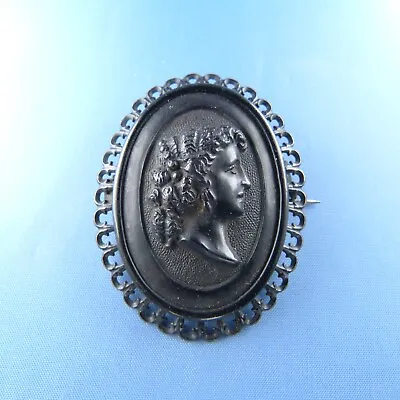 Victorian Vulcanite Cameo Brooch / Antique Mourning Pin • $69