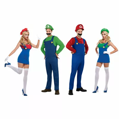 Ladies Mens Boys Fancy Dress Mario Luigi Plumber Bros Costume Outfit Halloween • £5.99