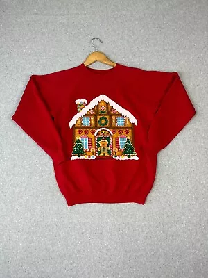 Vintage Christmas Sweater Womens L Red Christmas Tree Gingerbread House Made USA • $24.87