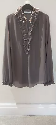 Edina Ronay Sz Large/14 Blouse Secretary Grey Smart Casual Ruffle Shirt • £9.50