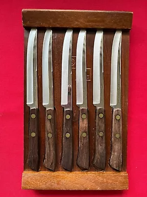Vintage EKCO Flint Stainless Vanadium 6 Knife Set W/ Wood Block USA Steak Meat • $70