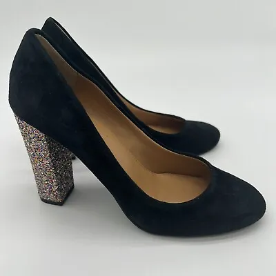 J. Crew “Etta” Black Suede Leather Glitter Heels Size 8.5 • $90