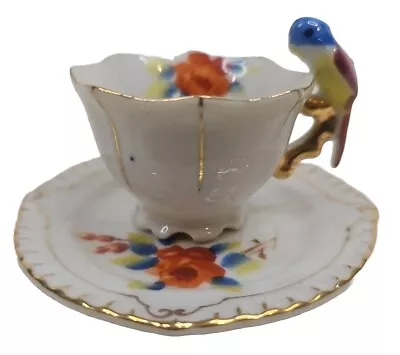 Vintage Miniature Floral Mini Tea Cup And Saucer With  Bird Japan Hand Painted • $12.99