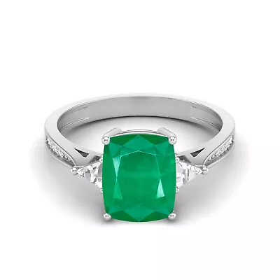 10k White Gold 9x7MM Cushion Shape Green Emerald Three Stone Women Promise Ring • $268.40