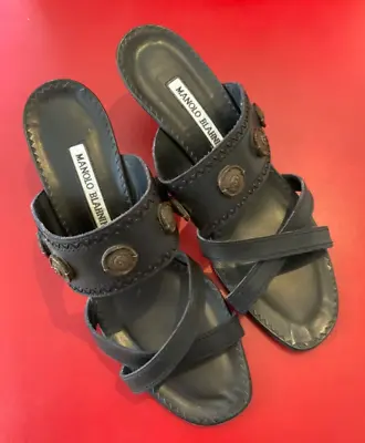 MANOLO BLAHNIK Slide Sandals Kitten Heels 38 1/2 Italy • $79.99