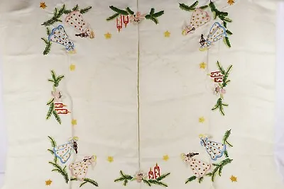 Vintage Hand Embroidered Silk Tablecloth 36  X 32  Christmas Musical Angels EXC • $24.99
