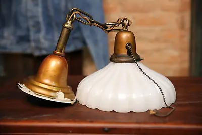 Vintage Antique Industrial Light Fixture Brass Milk Glass Shade Schoolhouse • $174.99
