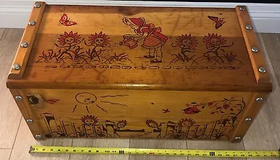 Superb Vintage 50's Wood Toy Box Chest Sunflower Flower Girl Water Can MCM Retro • $329