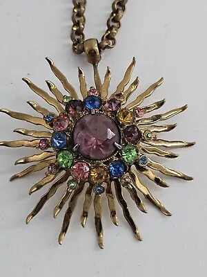 Vintage Estate Brass Sunburst Colored Rhinestones Necklace • $12.95