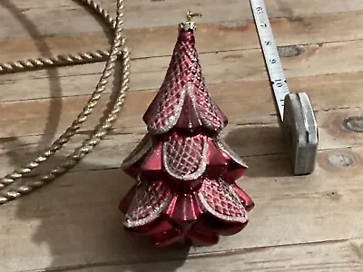 Vintage Red Glittered Glass Christmas Tree Figure Hanging Ornament • $19