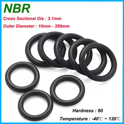 NBR O Ring Nitrile Rubber Oring OD 10-350mm Black Gasket Resistant Seal CS 3.1mm • £1.79